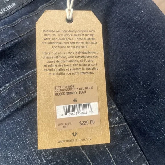 True Religion Rocco Men's Size 46 46x34 Skinny No Flap Jeans MSRP$229.00